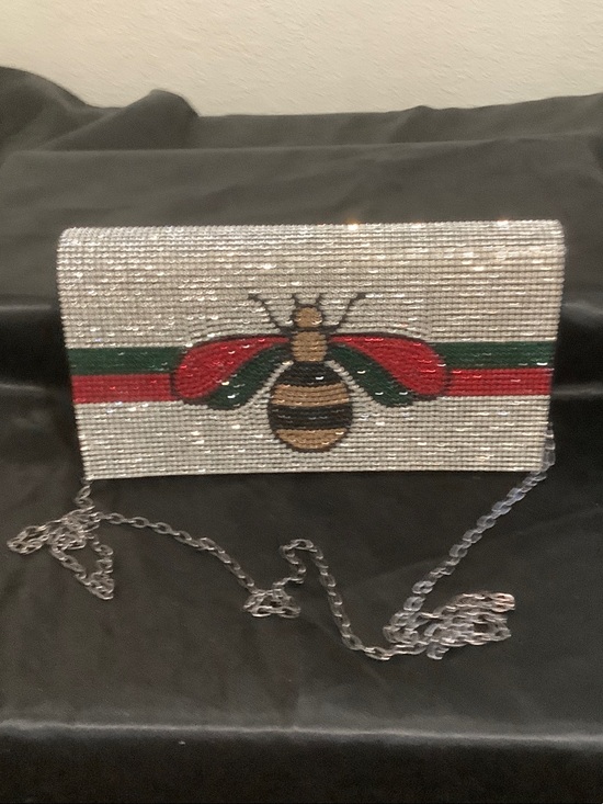 Handbags - Crystal Bee Embellished Clutch - Silver with Red & Green Accents